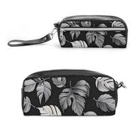 FHESDCW Astuccio in jacquard con foglie grigie e nere, grande capacità con cerniera, borsa cosmetica impermeabile da appendere per viaggi, astuccio vintage in pelle per donne e uomini
