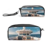 FHESDCW Astuccio in legno con ponte yacht grande capacità con cerniera, borsa cosmetica impermeabile da appendere per viaggi, astuccio vintage in pelle per donne e uomini