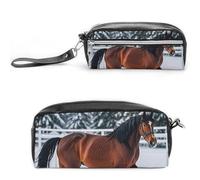 FHESDCW Astuccio invernale con cavalli sportivi sulla neve, grande capacità con cerniera, borsa cosmetica impermeabile da appendere, per viaggi, astuccio vintage in pelle per donne e uomini
