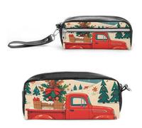 FHESDCW Astuccio natalizio con camion rosso, grande capacità con cerniera, borsa cosmetica impermeabile da appendere per viaggi, astuccio vintage in pelle per donne e uomini