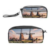 FHESDCW Astuccio olandese con mulino a vento, grande capacità, con cerniera, borsa per cosmetici da appendere, impermeabile, per viaggi, astuccio vintage in pelle per donne e uomini