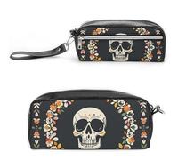 FHESDCW Astuccio per matite a forma di corona di scheletro, grande capacità, con cerniera, borsa per cosmetici da appendere, impermeabile, per viaggi, astuccio vintage in pelle per donne e uomini