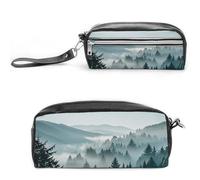 FHESDCW Astuccio per matite blu verde con albero paesaggistico, grande capacità con cerniera, borsa cosmetica impermeabile da appendere per viaggi, astuccio vintage in pelle per donne e uomini