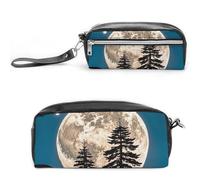 FHESDCW Astuccio per matite con alberi di pino della luna, grande capacità con cerniera, borsa cosmetica impermeabile da appendere per viaggi, astuccio vintage in pelle per donne e uomini