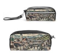 FHESDCW Astuccio per matite con cerniera, grande capacità della regione di Salisburgo, borsa cosmetica impermeabile da appendere, per viaggi, astuccio vintage in pelle per donne e uomini