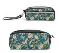 FHESDCW Astuccio per matite con foglie verdi e fiori, grande capacità, con cerniera, da appendere, impermeabile, per viaggi, astuccio vintage in pelle per donne e uomini