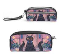 FHESDCW Astuccio per matite con gatto e castello magico, grande capacità, con cerniera, borsa per cosmetici impermeabile da viaggio, astuccio vintage in pelle per donne e uomini