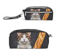 FHESDCW Astuccio per matite con gatto, pane, caffè, grande capacità, con cerniera, da appendere, impermeabile, per viaggi, astuccio vintage in pelle per donne e uomini