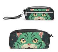 FHESDCW Astuccio per matite con gatto verde anime, grande capacità, con cerniera, borsa per cosmetici impermeabile da appendere, per viaggi, astuccio vintage in pelle per donne e uomini