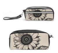 FHESDCW Astuccio per matite con girasoli bianchi e neri, grande capacità con cerniera, borsa cosmetica impermeabile da appendere, per viaggi, astuccio vintage in pelle per donne e uomini