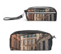 FHESDCW Astuccio per matite con immagine urbana di architettura facciata, grande capacità con cerniera, borsa cosmetica impermeabile da appendere per viaggi, astuccio vintage in pelle per donne e