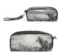 FHESDCW Astuccio per matite con lupo solitario e montagna della neve, grande capacità, con cerniera, borsa per cosmetici da appendere, impermeabile, per viaggi, astuccio vintage in pelle per donne e