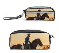 FHESDCW Astuccio per matite con motivo cowboys che cavalca cavalli, grande capacità, con cerniera, da appendere, impermeabile, per viaggi, astuccio vintage in pelle per donne e uomini