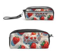 FHESDCW Astuccio per matite con motivo di mucca bianca e fragola, grande capacità con cerniera, borsa cosmetica impermeabile da appendere per viaggi, astuccio vintage in pelle per donne e uomini
