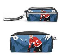 FHESDCW Astuccio per matite con motivo giocatore di hockey su ghiaccio, grande capacità, con cerniera, da appendere, impermeabile, per viaggi, astuccio vintage in pelle per donne e uomini