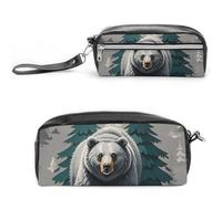 FHESDCW Astuccio per matite con motivo silhouette di albero di pino grigio, grande capacità con cerniera, borsa cosmetica impermeabile da appendere, per viaggi, astuccio vintage in pelle per donne e