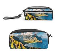 FHESDCW Astuccio per matite con orizzonte di montagna sul mare, grande capacità, con cerniera, borsa per cosmetici da appendere, impermeabile, per viaggi, astuccio vintage in pelle per donne e uomini