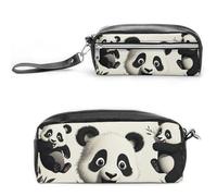 FHESDCW Astuccio per matite con panda giocoso grande capacità con cerniera, borsa cosmetica impermeabile da appendere per viaggi, astuccio vintage in pelle per donne e uomini