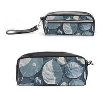 FHESDCW Astuccio per matite con ramo di foglie grigie blu, grande capacità con cerniera, borsa per cosmetici impermeabile da appendere, per viaggi, astuccio vintage in pelle per donne e uomini