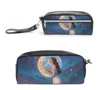 FHESDCW Astuccio per matite con scritta "Friendship Under The Giant Moon", grande capacità, con cerniera, da appendere, impermeabile, per viaggi, astuccio vintage in pelle per donne e uomini