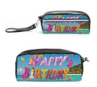 FHESDCW Astuccio per matite con scritta "Happy Birthday on the Beach", grande capacità, con cerniera, da appendere, impermeabile, per viaggi, astuccio vintage in pelle per donne e uomini