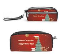 FHESDCW Astuccio per matite con scritta "Merry Christmas and Happy New Year", grande capacità, con cerniera, da appendere, impermeabile, per viaggi, astuccio vintage in pelle per donne e uomini