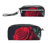FHESDCW Astuccio per matite con sfondo nero con rosa rossa, grande capacità con cerniera, borsa per cosmetici impermeabile da appendere, per viaggi, astuccio vintage in pelle per donne e uomini