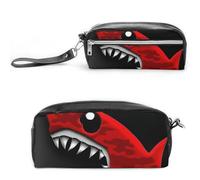 FHESDCW Astuccio per matite con squalo rosso-nero, grande capacità con cerniera, borsa per cosmetici impermeabile da appendere per viaggi, astuccio vintage in pelle per donne e uomini
