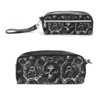 FHESDCW Astuccio per matite con teschio di peonia nera, grande capacità con cerniera, borsa cosmetica impermeabile da appendere, per viaggi, astuccio vintage in pelle per donne e uomini