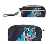 FHESDCW Astuccio per matite con tigre blu, grande capacità, con cerniera, borsa per cosmetici da appendere, impermeabile, per viaggi, astuccio vintage in pelle per donne e uomini