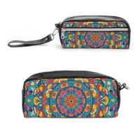 FHESDCW Astuccio rotondo con mandala grande capacità con cerniera, borsa per cosmetici impermeabile da appendere, per viaggi, astuccio vintage in pelle per donne e uomini