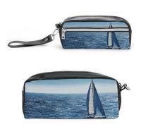 FHESDCW Blue Sea - Astuccio per matite con barca a vela, grande capacità, con cerniera, da appendere, impermeabile, per viaggi, astuccio vintage in pelle per donne e uomini