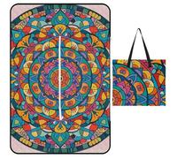 FHESDCW Coperta da picnic circolare con motivo mandala con cerniera, impermeabile, portatile, per esterni, leggera, pieghevole, per spiaggia, campeggio, parco, 150 x 100 cm