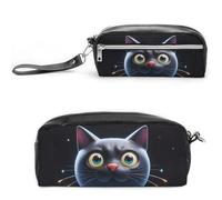 FHESDCW Grazioso astuccio a forma di gatto nero, grande capacità con cerniera, borsa per cosmetici impermeabile da appendere per viaggi, astuccio vintage in pelle per donne e uomini