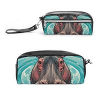 FHESDCW Grazioso astuccio con ippopotamo, grande capacità, con cerniera, da appendere, impermeabile, per viaggi, astuccio vintage in pelle per donne e uomini
