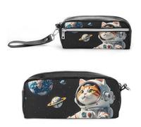 FHESDCW Interessante astuccio con gatto astronauta grande capacità con cerniera, borsa cosmetica impermeabile da appendere per viaggi, astuccio vintage in pelle per donne e uomini