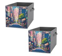 FHESDCW Japanese Streets - Scatola portaoggetti pieghevole con manici, cubi Oxford resistenti, 2 pezzi, organizer pieghevole per armadio, per casa, scaffale, ufficio, viaggi