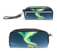 FHESDCW Northern Lights - Astuccio per matite con orso polare, grande capacità, con cerniera, da appendere, impermeabile, per viaggi, astuccio vintage in pelle per donne e uomini