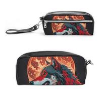 FHESDCW Red Moon - Astuccio per matite con lupo all'aperto, grande capacità, con cerniera, da appendere, impermeabile, per viaggi, astuccio vintage in pelle per donne e uomini
