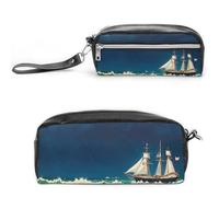 FHESDCW Stormy Waves, astuccio vintage con barca a vela, grande capacità, con cerniera, borsa per cosmetici da appendere, impermeabile, per viaggi, astuccio vintage in pelle per donne e uomini