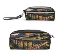 FHESDCW Sunset over Elevated Bridge Astuccio grande capacità con cerniera, borsa cosmetica impermeabile da appendere, per viaggi, astuccio vintage in pelle per donne e uomini