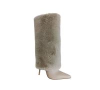 FhiHUEpr Stivali alti in pelliccia sintetica con tacco a spillo a punta appuntita da donna - stivali invernali casual per il lavoro, una serata o tutti i giorni, beige, 40 EU