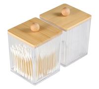 FHISKUNYU 2 Pezzi Porta Cotton Fioc Trasparente con Coperchio in Bambù - Organizzatore Bagno Multifunzionale Antipolvere, Contenitore Salvaspazio per Trucco, Accessori e Piccoli Oggetti
