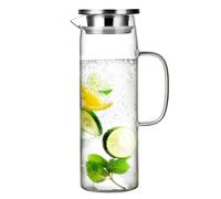 FHISKUNYU Caraffa Acqua in Vetro Borosilicato 1,5 Litri - Brocca con Coperchio Termoresistente (-20°C a +150°C), Manico in Acciaio Inox e Design Minimalista