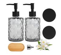 FHISKUNYU Dispenser di Sapone in Vetro (330ml) - 2 Pezzi, Dispenser Antiscivolo per Cucina e Bagno, Design Elegante a Diamante, Pompa in Acciaio Inox, Perfetto per Sapone, Lozione e Shampoo