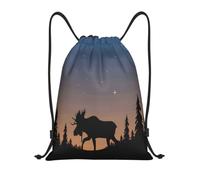 FHIZOAL Alce Mountain Pine Tree Wilderness Borse con coulisse impermeabile Sport String Zaini leggeri Yoga Allenamento Nuoto Viaggi, Nero , M, Casual