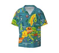 FHIZOAL Mappa dell'Europa con camicia casual a maniche corte da uomo con bottoni colletto cubano classico vacanza spiaggia party yacht, Nero , M
