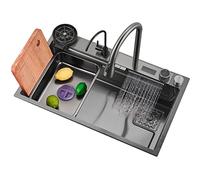 FHRKA Lavello da Cucina Waterfall, lavello da Cucina in Acciaio Inox a Vasca Singola, lavello da Incasso con Rubinetto Combinato per Piano di Lavoro (Black Steel Color 80x46CM)