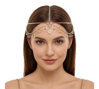 FHRYNA Catena Testa Donna, Collana per Capelli in Oro con Strass e Nappa Dorata, Stile Bohémien, Ideale per Nozze, Feste e Abbigliamento Quotidiano per Donne e Ragazze