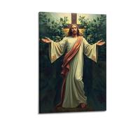 fhujgg Poster religioso con Gesù in piedi davanti alla croce, stampa artistica da parete su tela, per soggiorno e camera da letto, 50 x 75 cm, con cornice